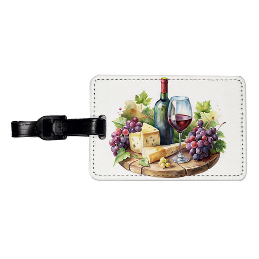 Wine Cheese Grapes on Board Watercolor Travel Faux Leather Luggage Tag