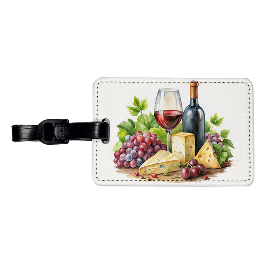 Wine Cheese Grapes Watercolor Travel Faux Leather Luggage Tag