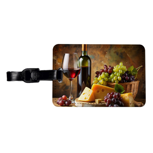 Wine Cheese Grapes Rustic Setting Travel Faux Leather Luggage Tag