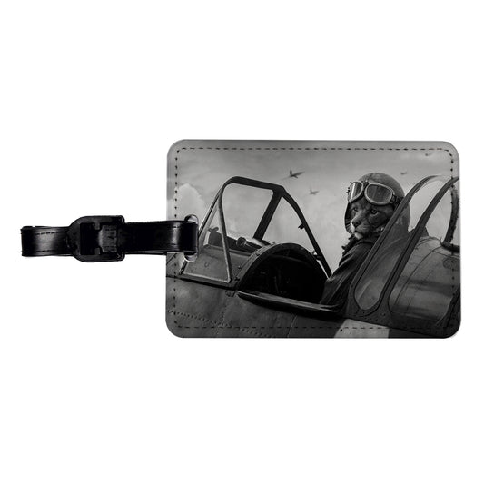 WWII Cat Fighter Plane Pilot Ace Retro Alternative Universe Travel Faux Leather Luggage Tag