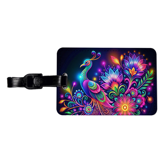 Abstract Neon Peacock Floral Design Travel Faux Leather Luggage Tag