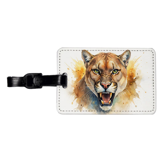 Angry Mountain Lion Cougar Watercolor Travel Faux Leather Luggage Tag