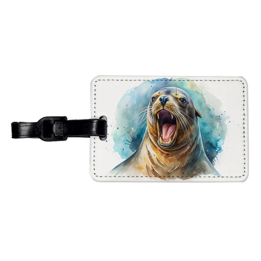 Angry Sea Lion Watercolor Travel Faux Leather Luggage Tag