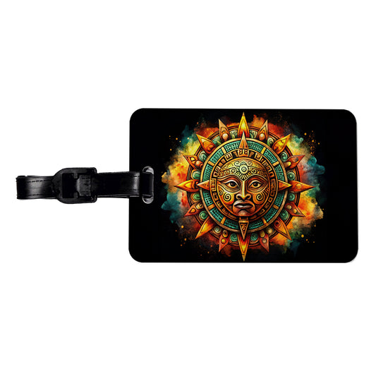 Aztec Sun God Symbol Watercolor Travel Faux Leather Luggage Tag