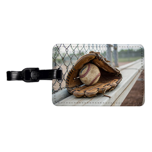 Baseball Glove With Baseball on Dugout Bench Travel Faux Leather Luggage Tag