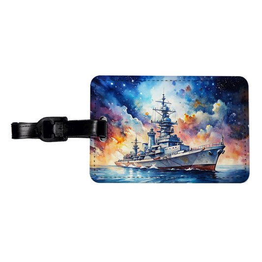 Battleship Under Fantasy Sky Watercolor Travel Faux Leather Luggage Tag