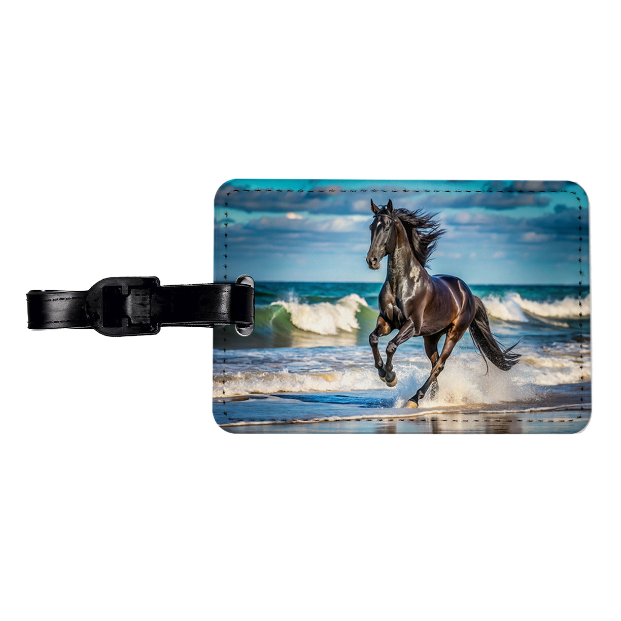 Black Horse Stallion Galloping On The Beach Travel Faux Leather Luggage Tag