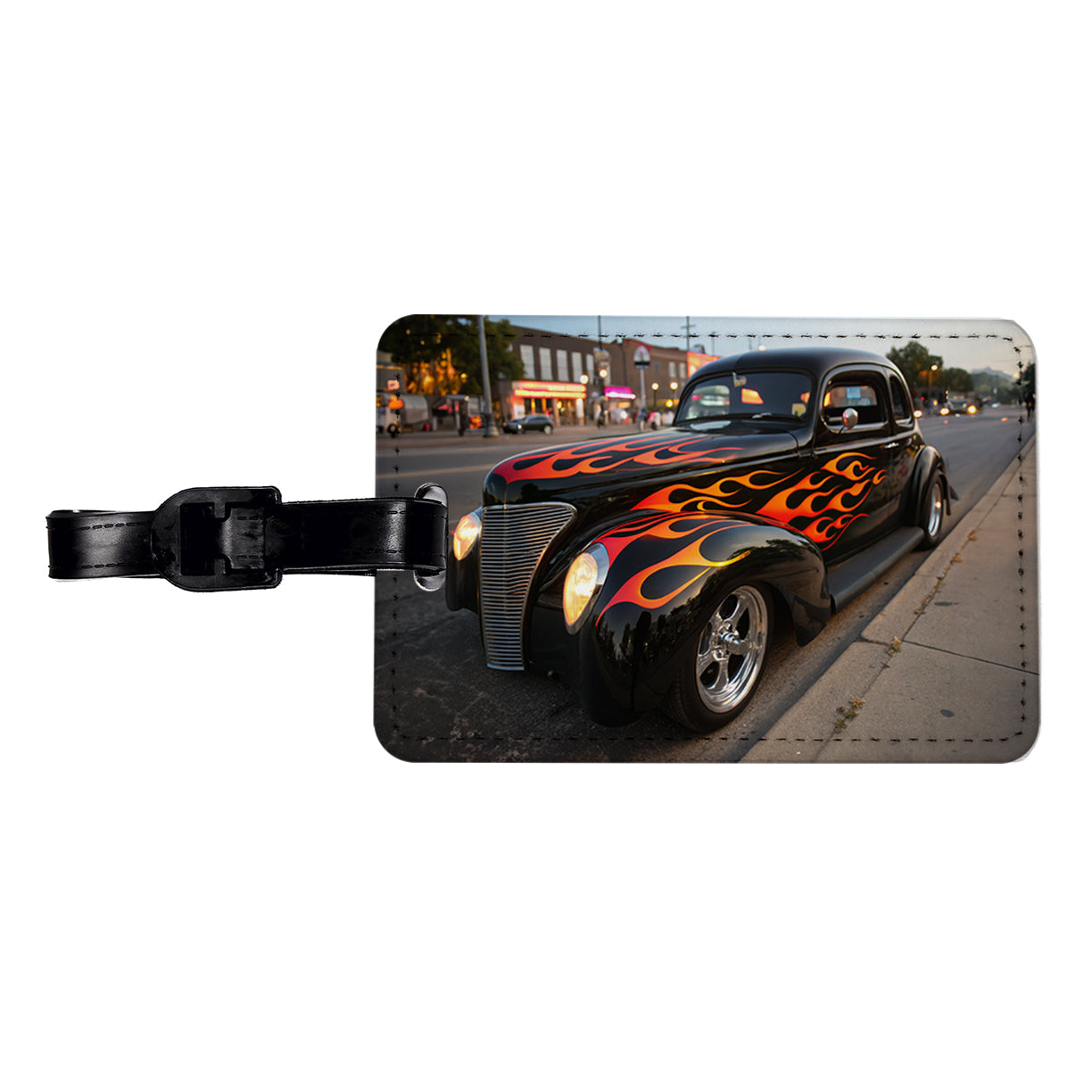 Black Hot Rod Classic Car With Flames Travel Faux Leather Luggage Tag