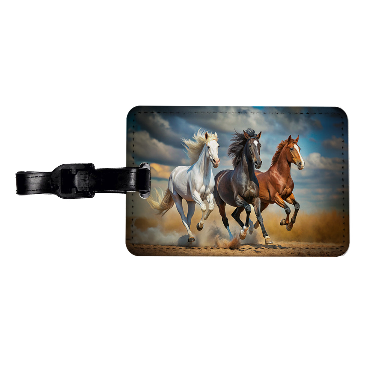 Black White and Brown Horses Galloping Travel Faux Leather Luggage Tag