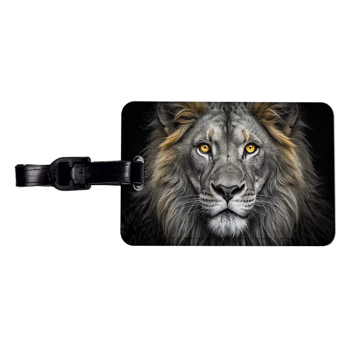 Black White Lion's Face with Gold Eyes Travel Faux Leather Luggage Tag