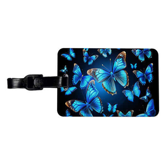 Bright Neon Blue Butterflies Travel Faux Leather Luggage Tag