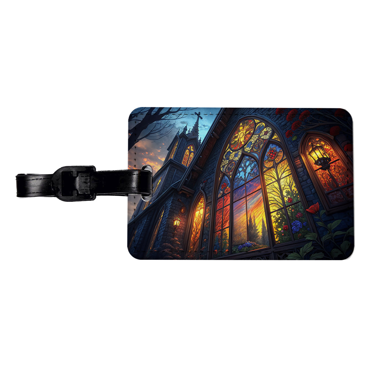 Church Stained Glass Windows at Night Travel Faux Leather Luggage Tag