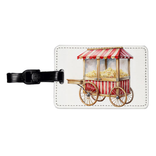 Classic Movie Popcorn Vendor Cart Watercolor Travel Faux Leather Luggage Tag