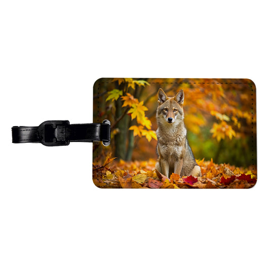 Coyote Sitting In The Fall Leaves Travel Faux Leather Luggage Tag