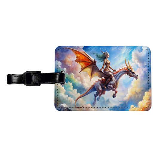 Dragon and Rider Flying Watercolor Travel Faux Leather Luggage Tag