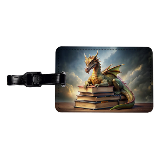 Dragon Laying On Top Of Books Reading Travel Faux Leather Luggage Tag