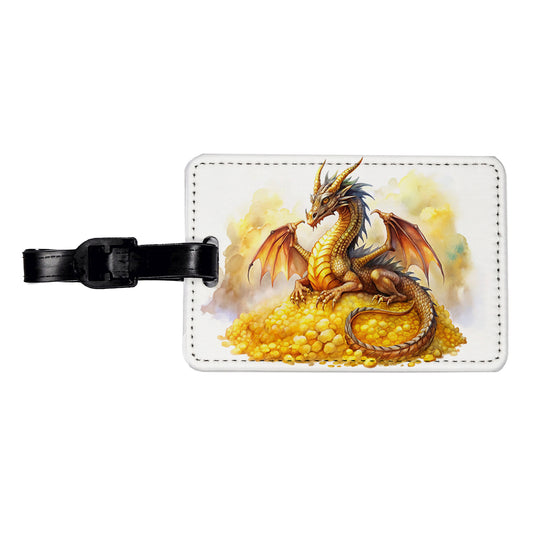 Fantasy Dragon Laying on Gold Watercolor Travel Faux Leather Luggage Tag