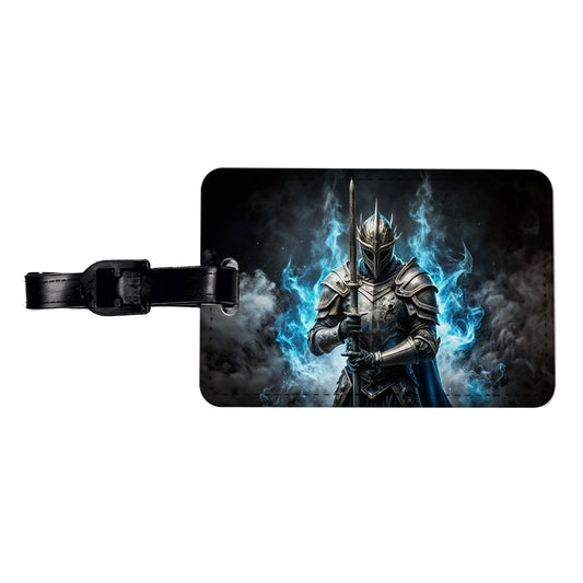 Fantasy Warrior Knight Blue Flames Travel Faux Leather Luggage Tag