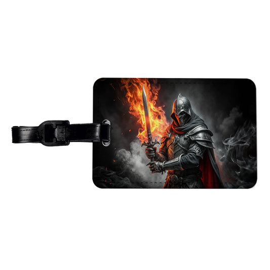 Fantasy Warrior Knight with Flaming Sword Travel Faux Leather Luggage Tag