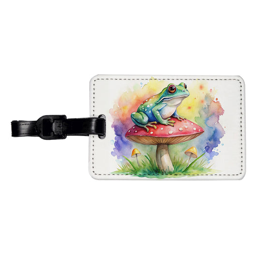 Frog Sitting On A Magical Mushroom Watercolor Travel Faux Leather Luggage Tag
