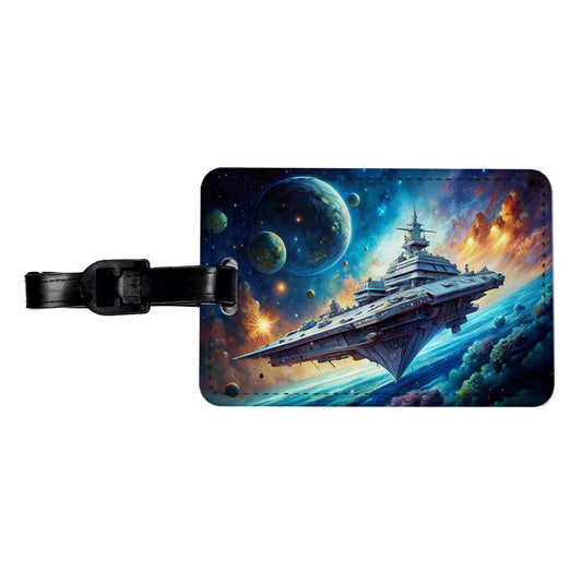 Giant Sci-Fi Warship In Space Watercolor Travel Faux Leather Luggage Tag