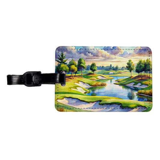 Golf Course With Sand Traps And Lake Watercolor Travel Faux Leather Luggage Tag