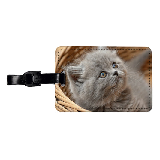 Gray British Longhair Kitten in a Basket Travel Faux Leather Luggage Tag