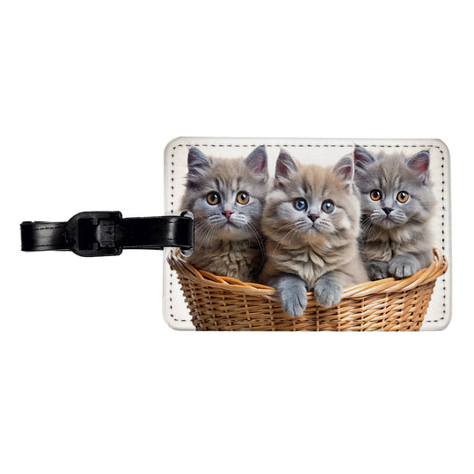 Gray British Longhair Kittens In A Basket Travel Faux Leather Luggage Tag