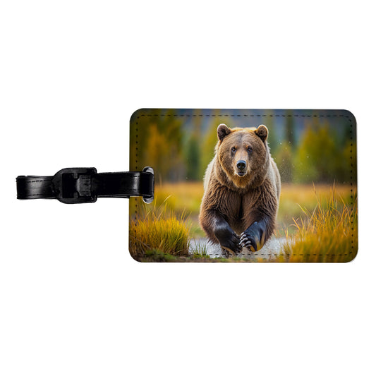 Grizzly Bear Chasing You Travel Faux Leather Luggage Tag