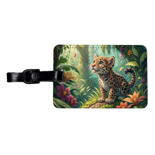 Jaguar Cat In Jungle Children's Illustration Style Travel Faux Leather Luggage Tag