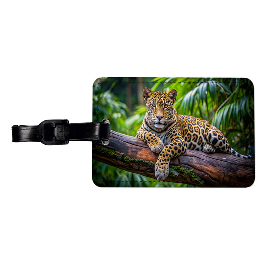 Jaguar Lying On Tree Limb In Jungle Travel Faux Leather Luggage Tag