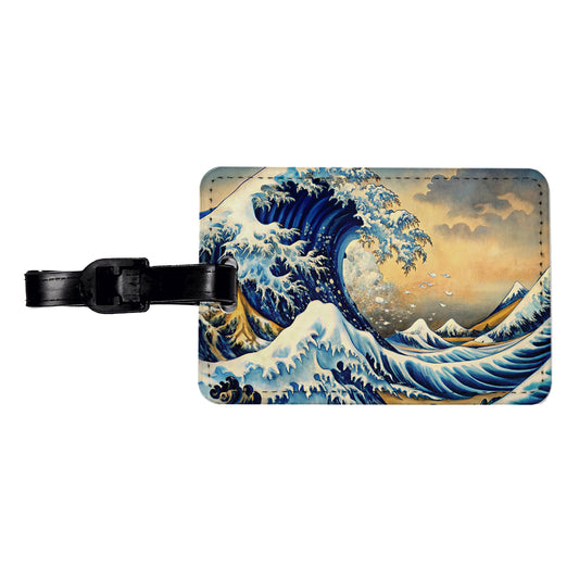 Japanese Blue Ocean Waves Ink Painting Travel Faux Leather Luggage Tag