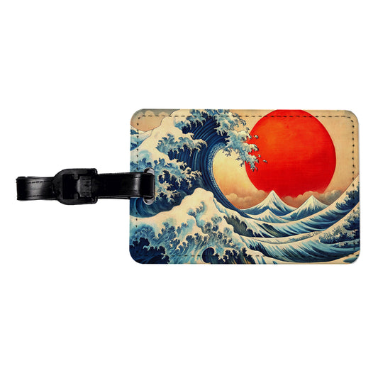 Japanese Blue Ocean Waves Large Red Sun Ink Painting Travel Faux Leather Luggage Tag