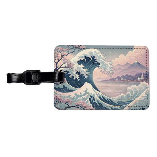 Japanese Blue Pink Ocean Waves and Sakura Blossoms Travel Faux Leather Luggage Tag