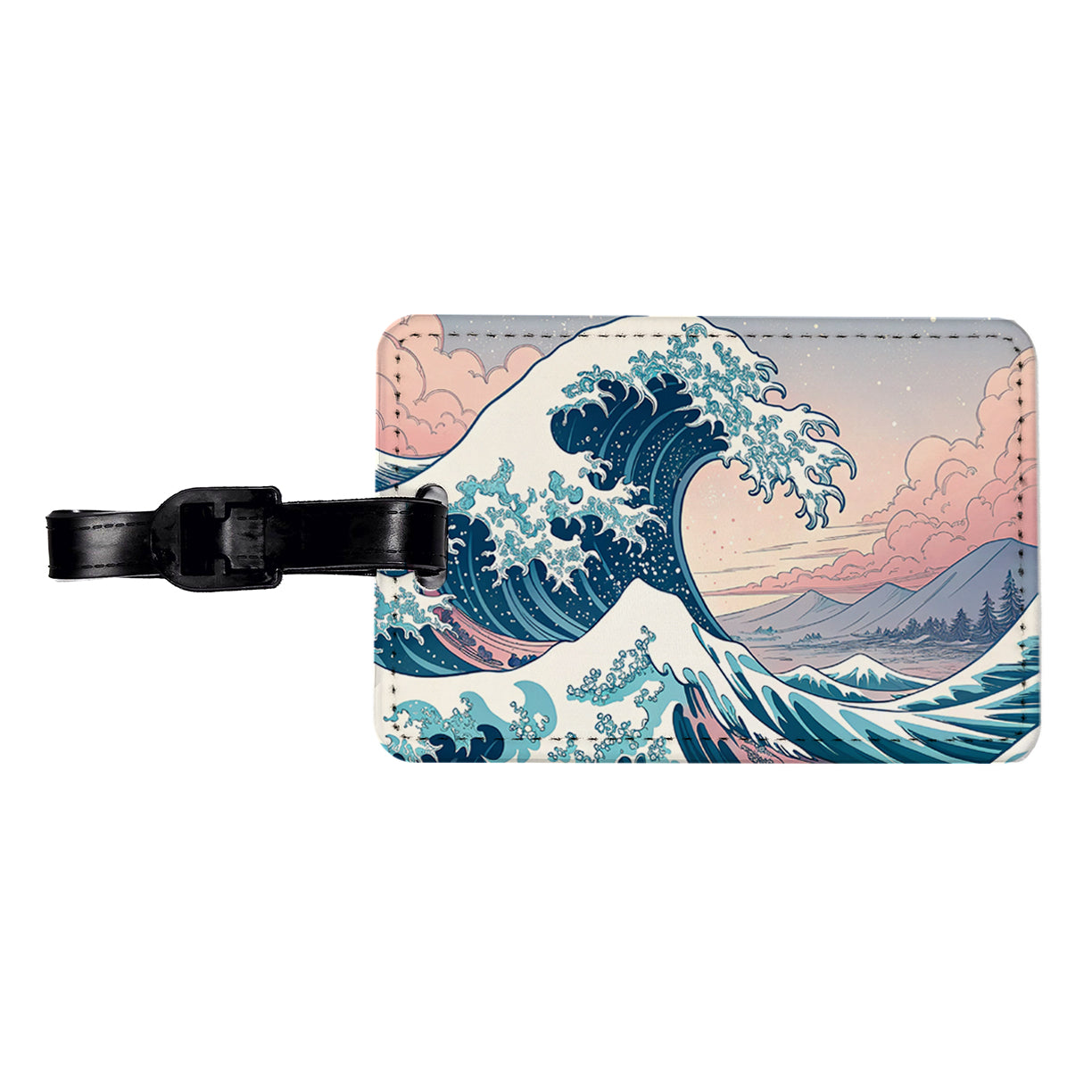 Japanese Blue Pink Ocean Waves Travel Faux Leather Luggage Tag