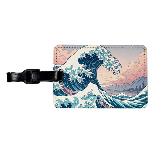 Japanese Blue Pink Ocean Waves Travel Faux Leather Luggage Tag