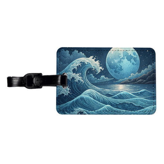Japanese Ocean Waves Under Large Moon Travel Faux Leather Luggage Tag