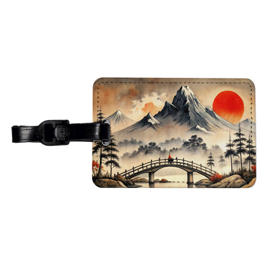 Japanese Style Ink Painting Bridge Over Water Landscape Travel Faux Leather Luggage Tag
