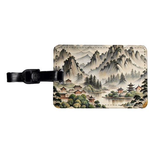 Japanese Style Ink Painting Lake and Mountains Landscape Travel Faux Leather Luggage Tag