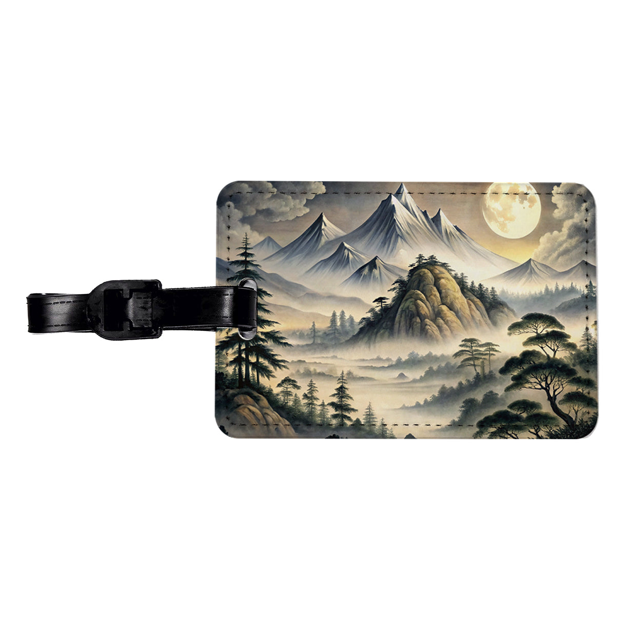 Japanese Style Ink Painting Landscape Misty Mountains Large Moon Travel Faux Leather Luggage Tag
