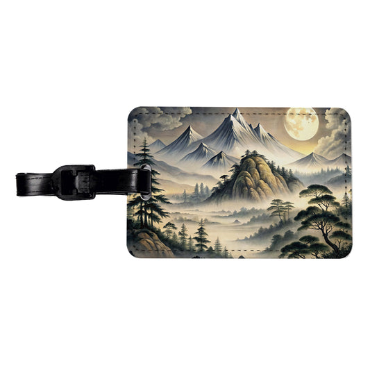 Japanese Style Ink Painting Landscape Misty Mountains Large Moon Travel Faux Leather Luggage Tag