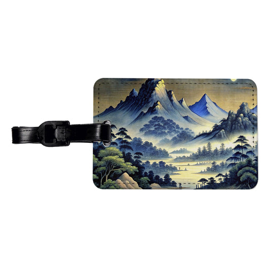 Japanese Style Ink Painting Landscape Mountains At Night Travel Faux Leather Luggage Tag