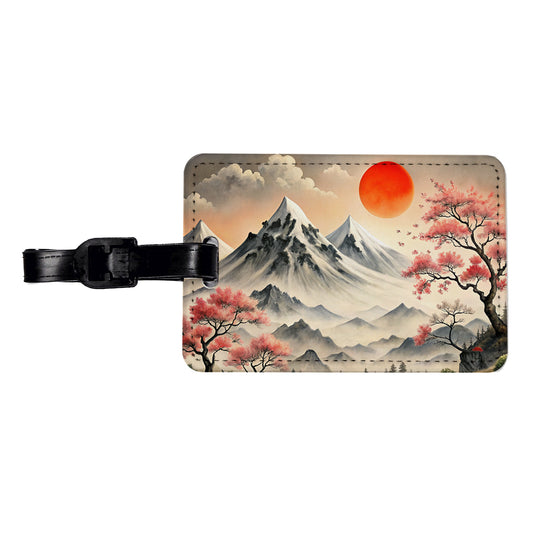 Japanese Style Ink Painting Landscape Mountains Under Red Sun Travel Faux Leather Luggage Tag