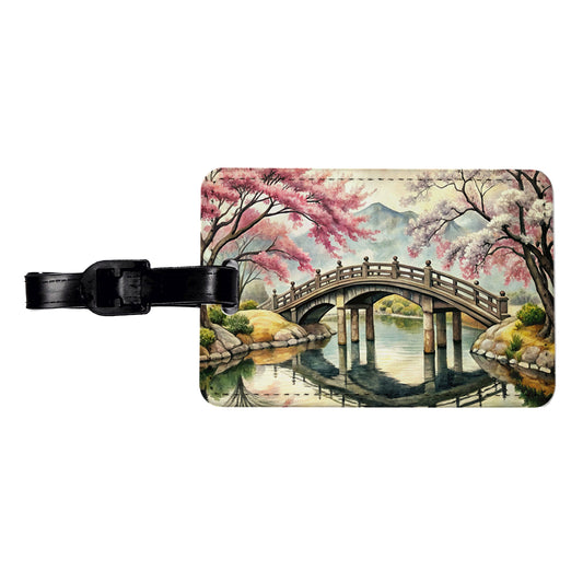 Japanese Style Ink Painting Sakura Trees Bridge Water Landscape Travel Faux Leather Luggage Tag