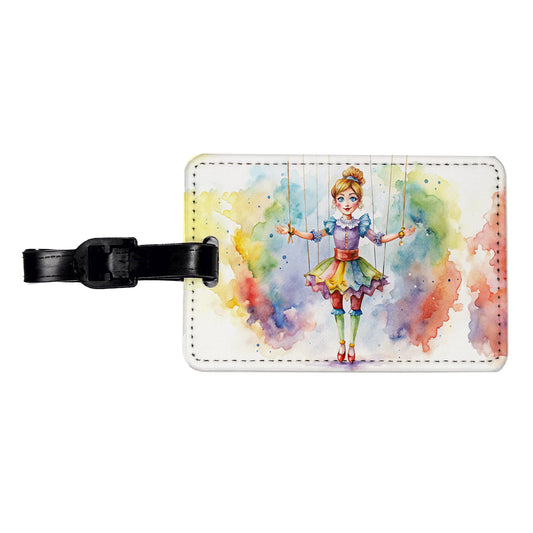 Marionette Puppet on Strings Watercolor Travel Faux Leather Luggage Tag