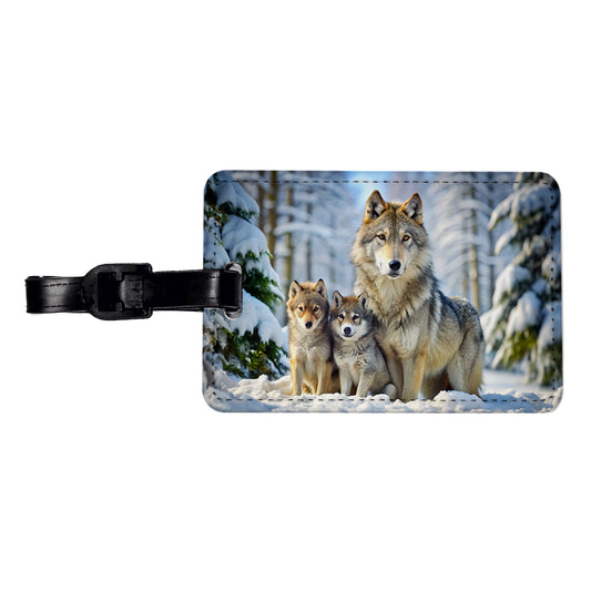 Mother Wolf And Pups In Winter Travel Faux Leather Luggage Tag