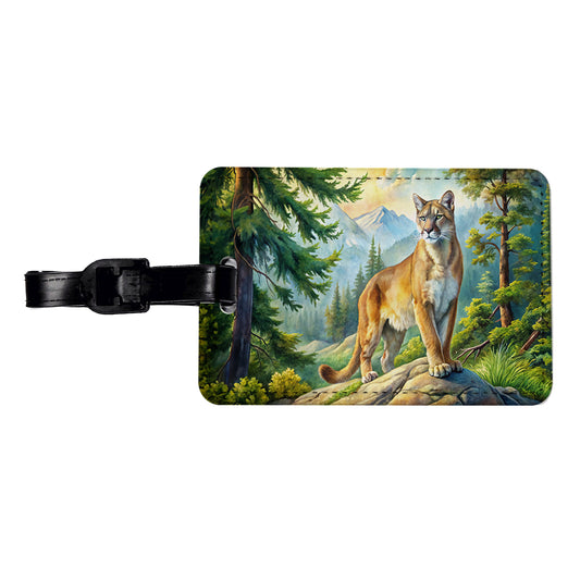 Mountain Lion Cougar In Woods Watercolor Travel Faux Leather Luggage Tag
