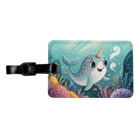 Narwhal Children's Illustration Style Travel Faux Leather Luggage Tag