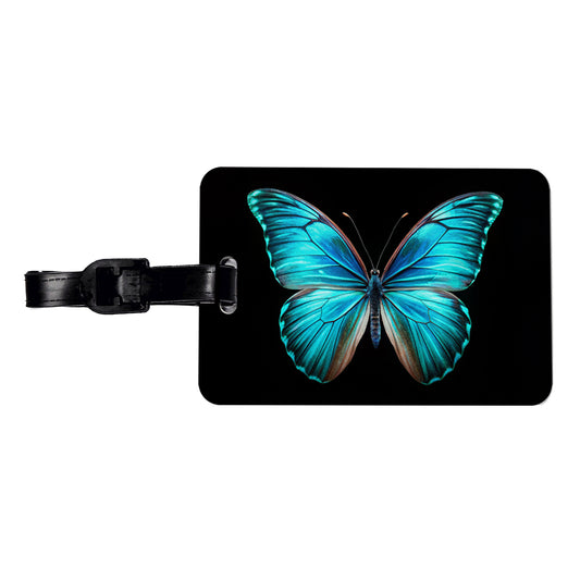 Neon Blue Teal Butterfly Travel Faux Leather Luggage Tag