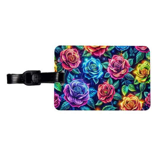 Neon Colorful Rose Floral Pattern Travel Faux Leather Luggage Tag